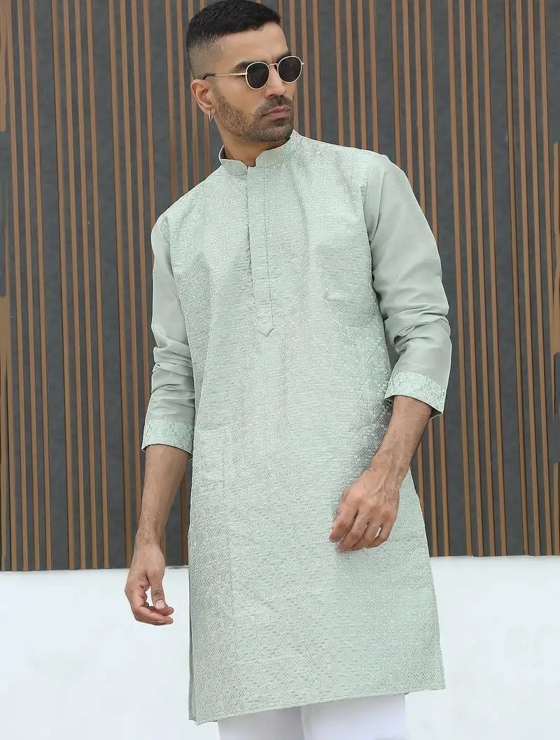 Silk blend embroidered sequinned green kurta