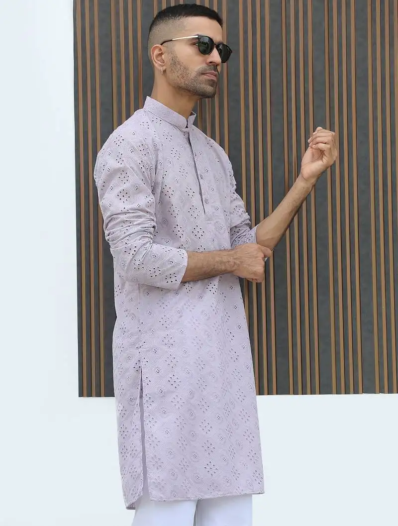 Cotton blend chikankari embroidered mauve kurta