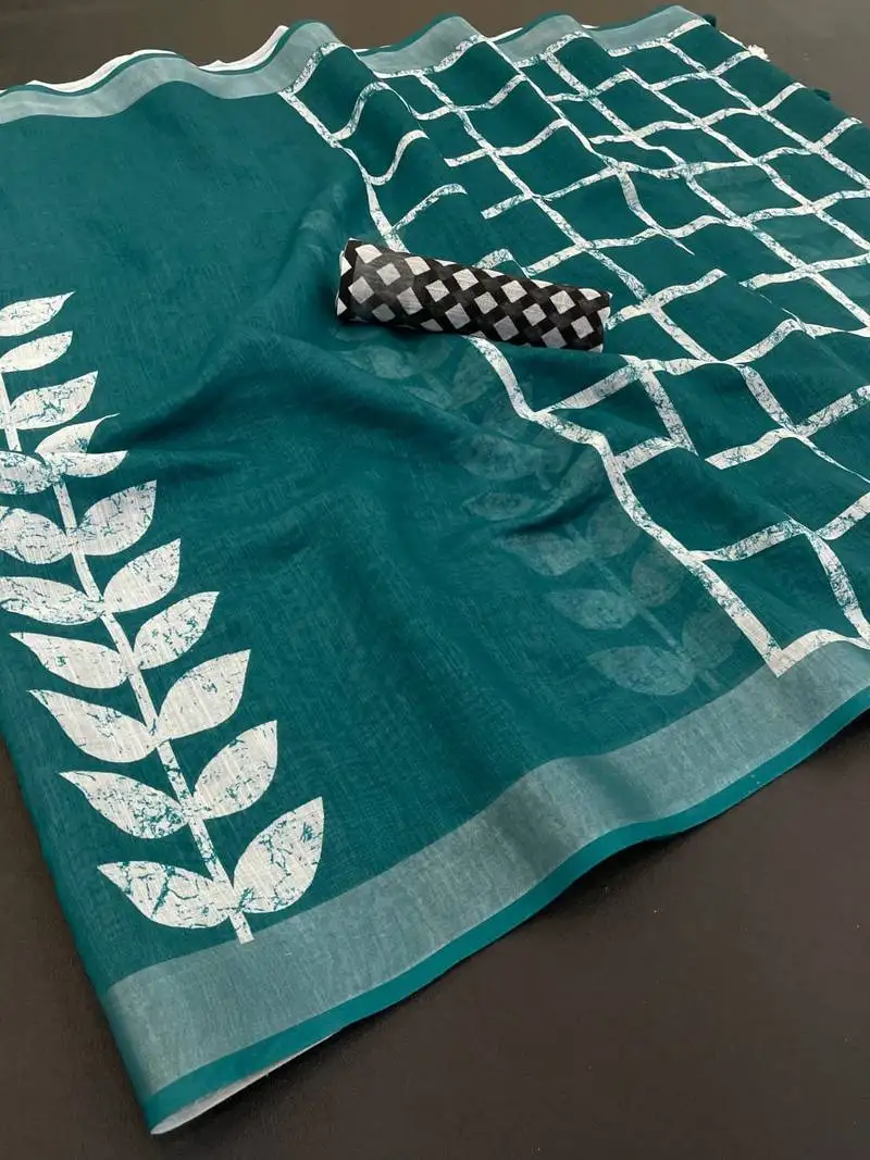 Teal green linen cotton digital print saree with tassel pallu