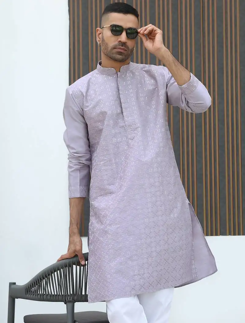 Silk blend embroidered sequinned mauve kurta