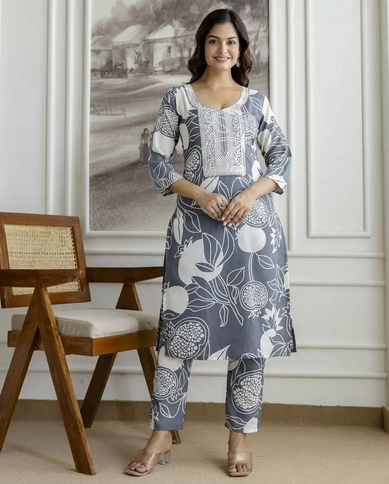 Cotton slub magic printed kurta pant embroidery neck work kurta set