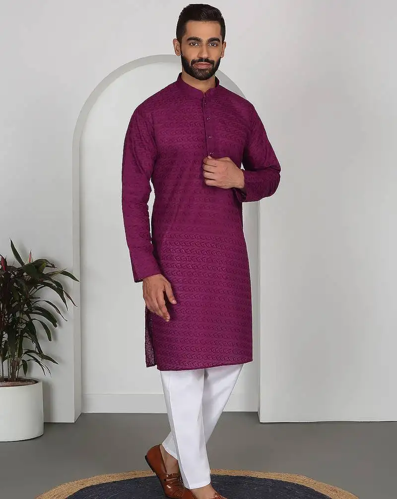 Chikankari embroidered cotton purple kurta and pyjamas