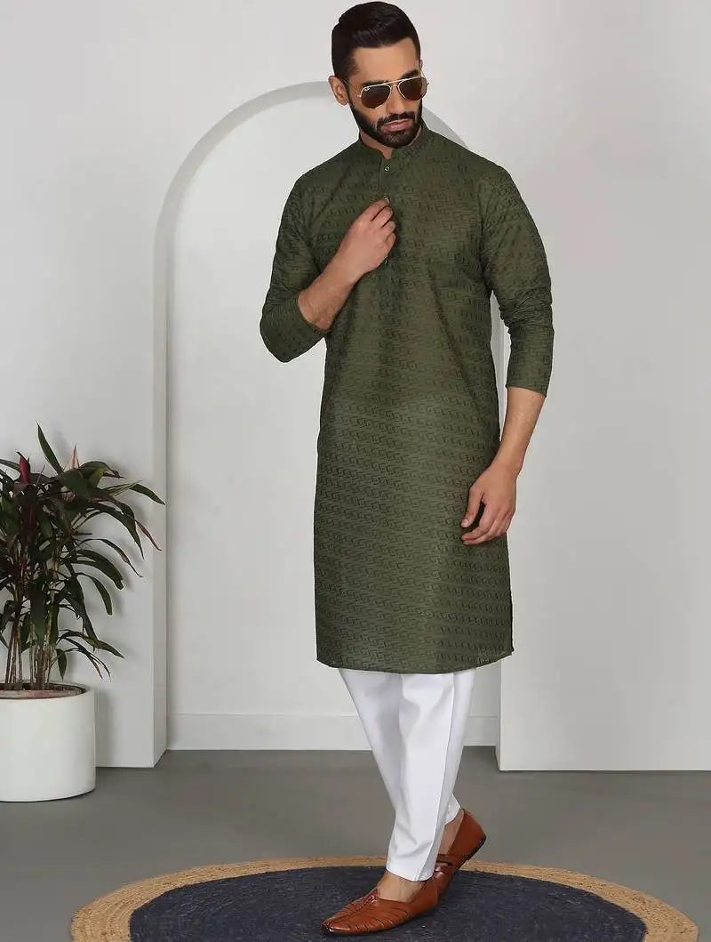 Chikankari embroidered cotton green kurta and pyjamas
