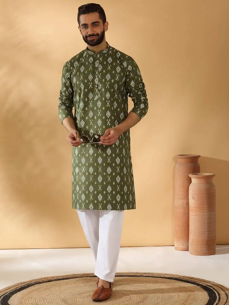 Cotton blend geometric printed green kurta and pyjamas