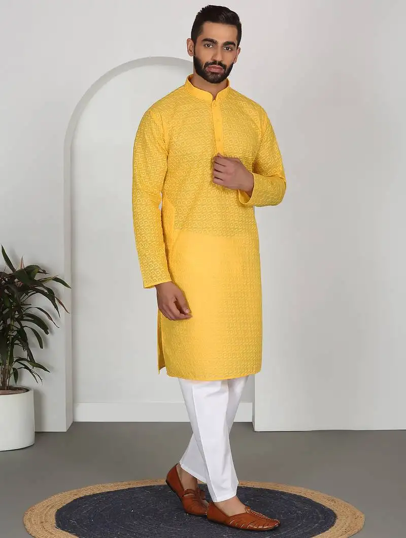 Chikankari embroidered cotton yellow kurta and pyjamas