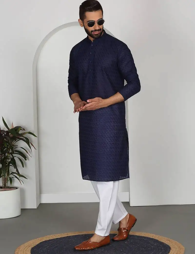 Chikankari embroidered cotton navy blue kurta and pyjamas