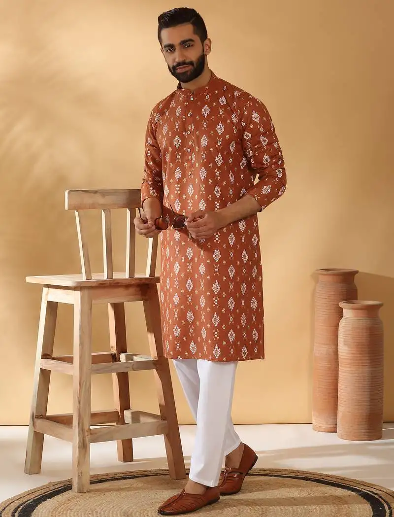 Cotton blend geometric printed rust kurta and pyjamas
