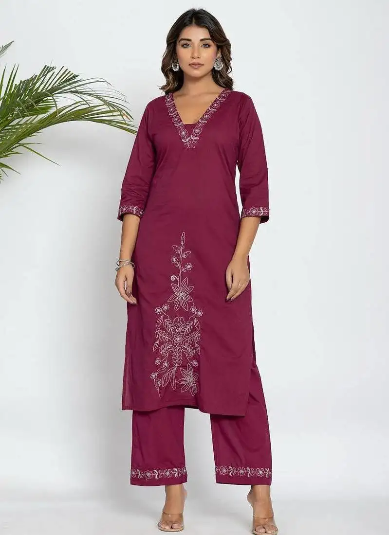 Jam red embroidered cotton kurta sets