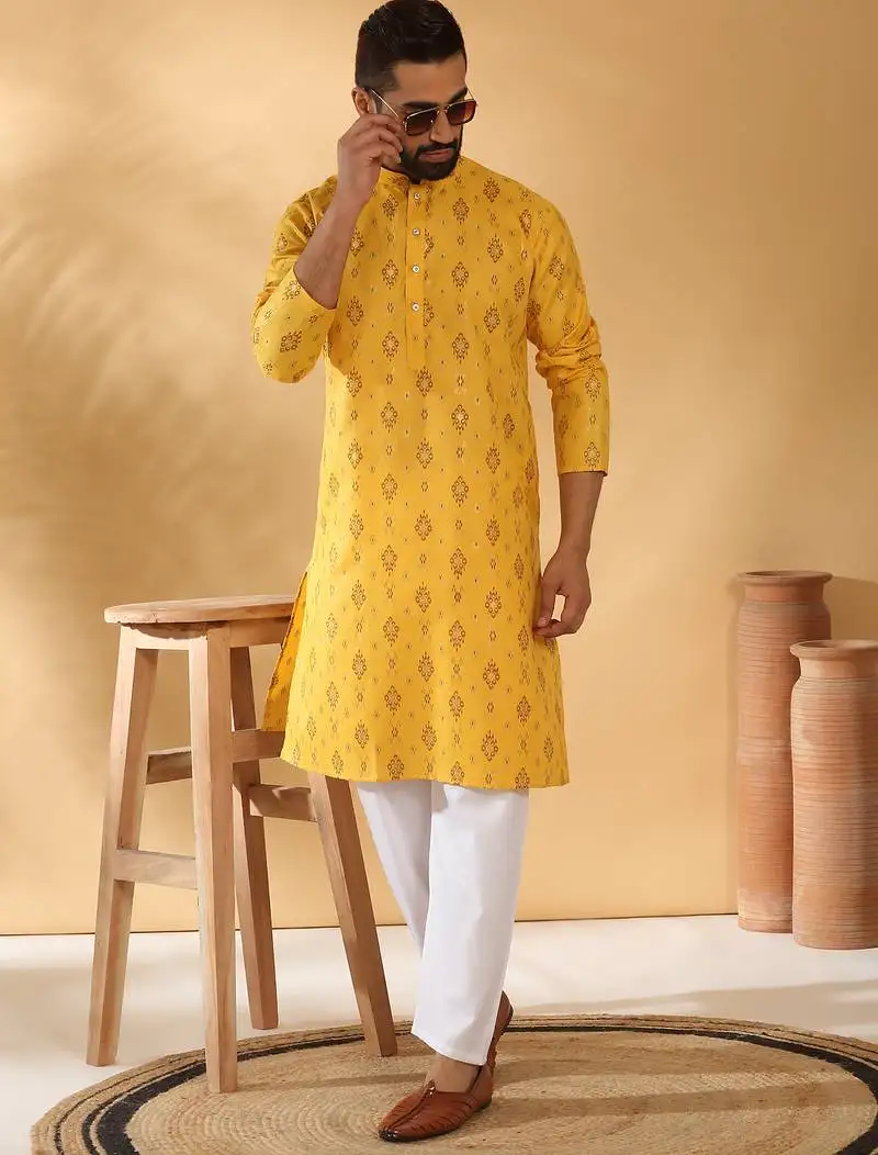 Cotton blend geometric printed yellow kurta and pyjamas