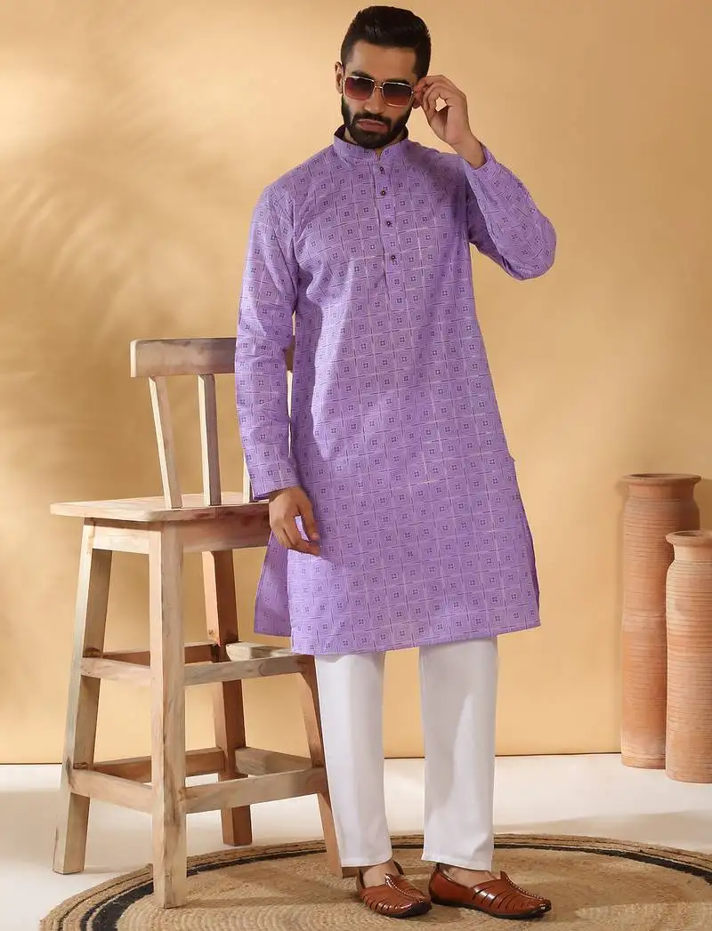 Cotton blend floral printed purple kurta and pyjamas