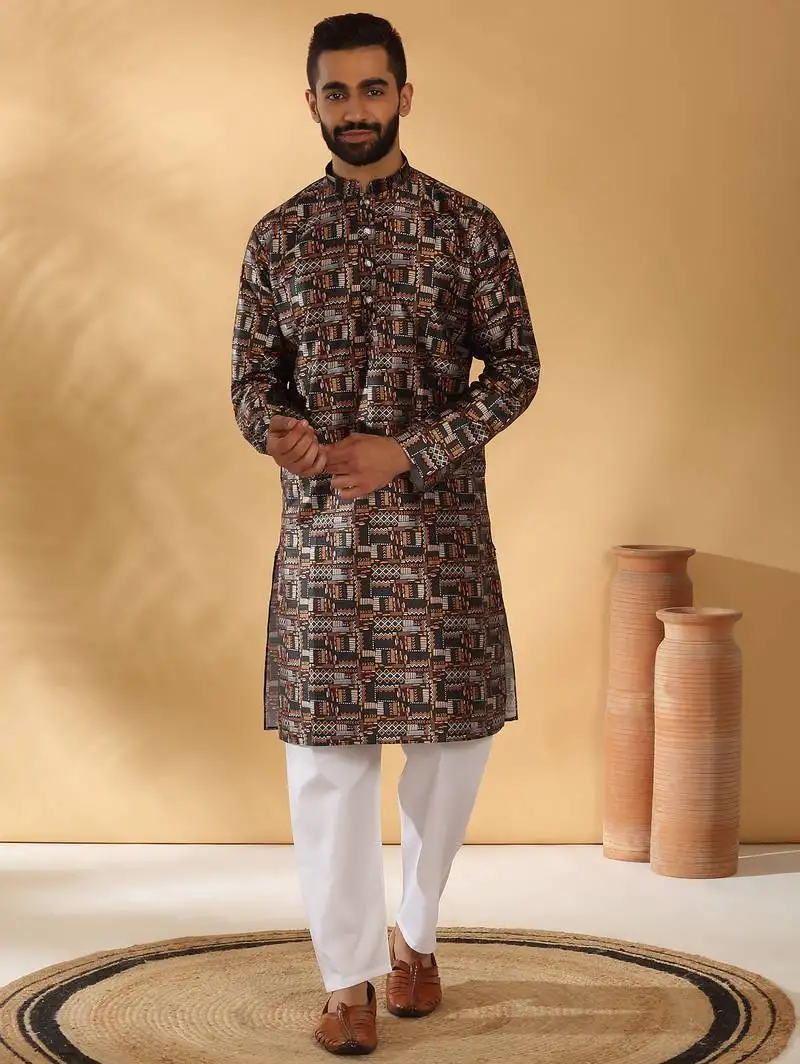 Silk blend abstract printed black kurta and pyjamas