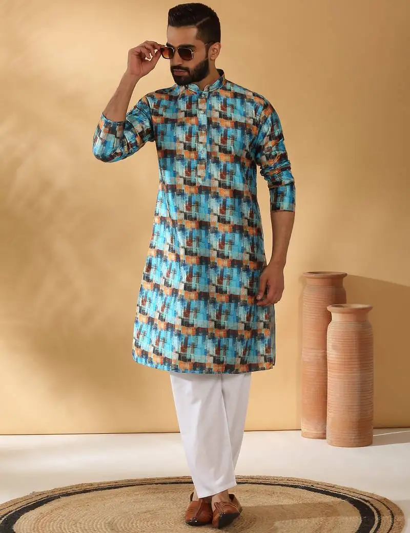 Silk blend abstract printed blue kurta and pyjamas