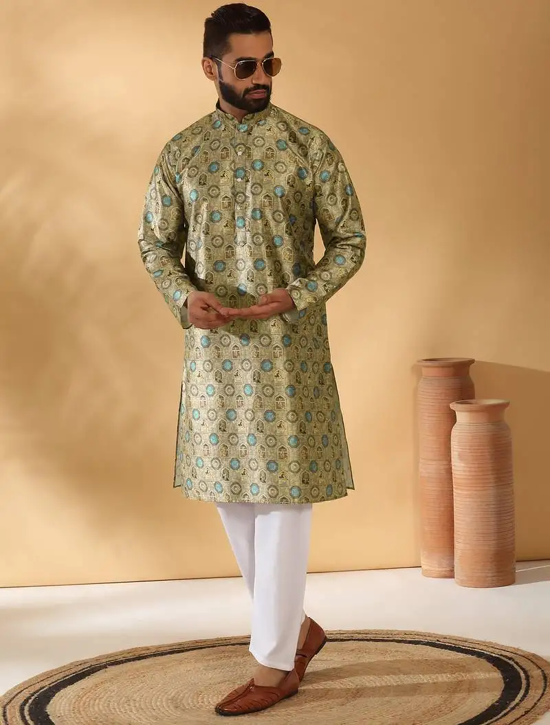 Silk blend abstract printed beige kurta and pyjamas