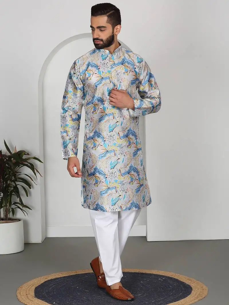 Silk blend floral printed blue kurta and pyjamas