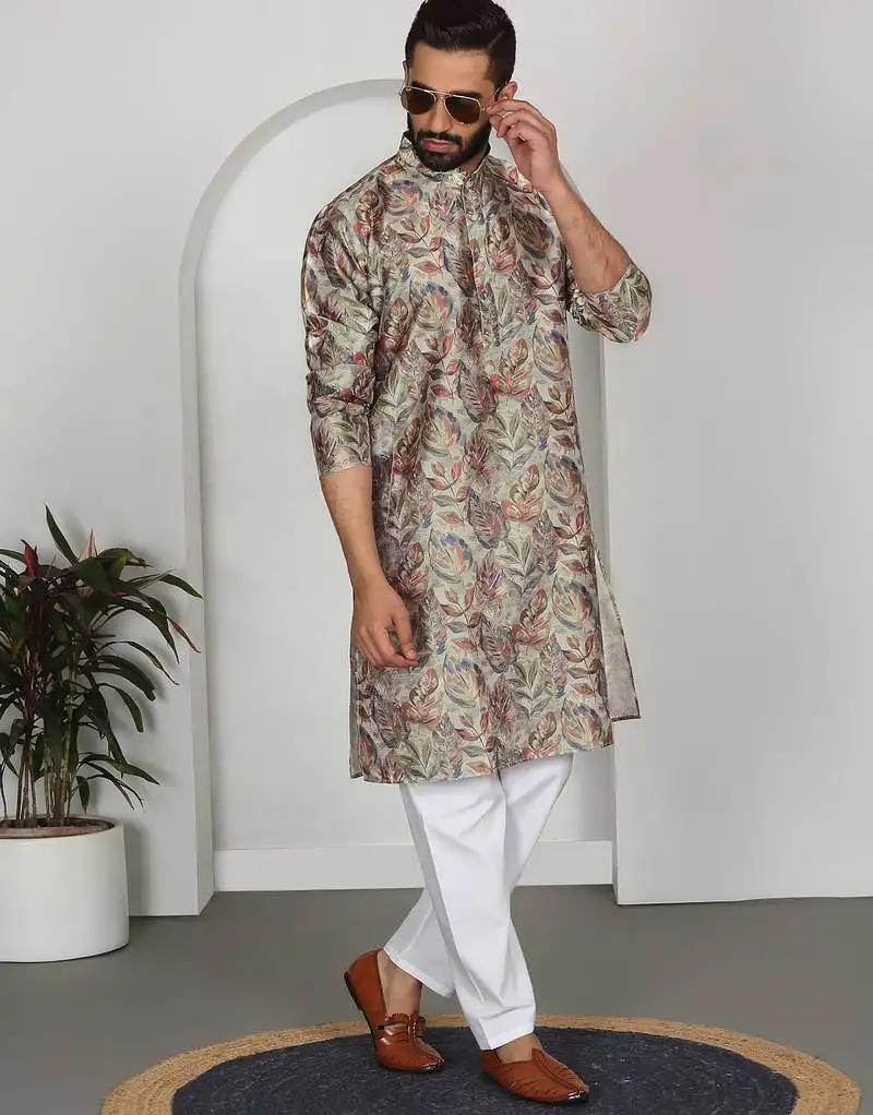 Silk blend floral printed beige kurta and pyjamas