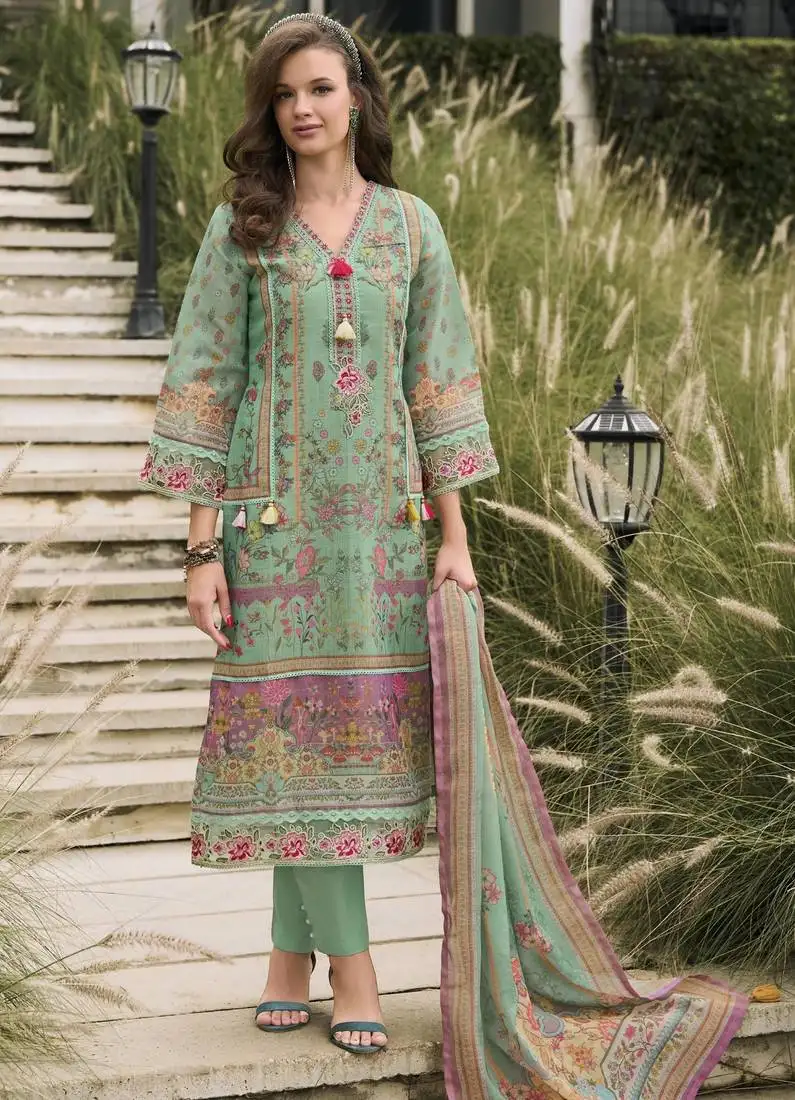 Fern green embroidered cotton kurta sets