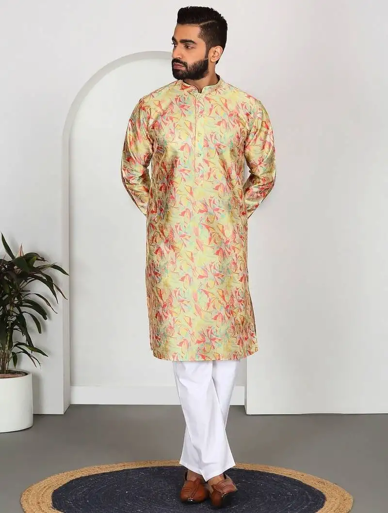 Silk blend floral printed lime yellow kurta and pyjamas