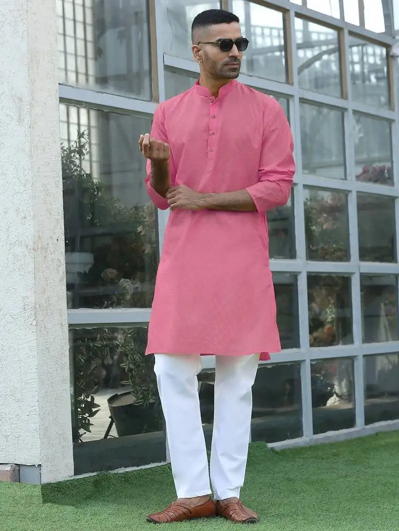 Cotton blend woven self desing pink kurta and pyjamas