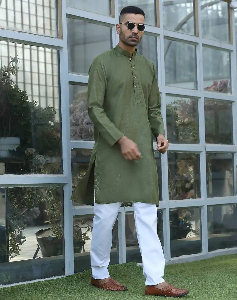 Cotton blend woven self desing olive green kurta and pyjamas