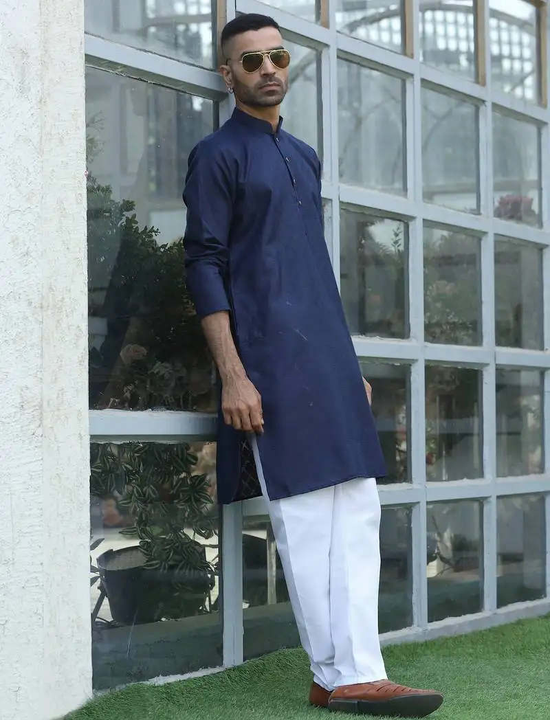 Cotton blend woven self desing navy blue kurta and pyjamas