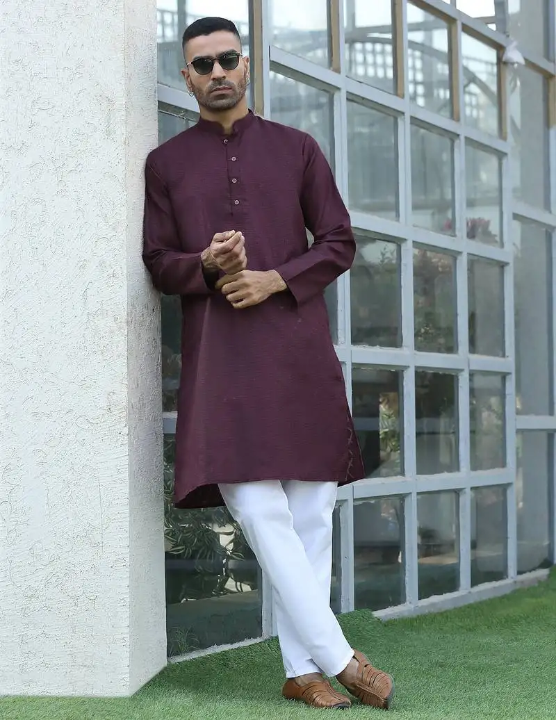 Cotton blend woven self desing purple kurta and pyjamas