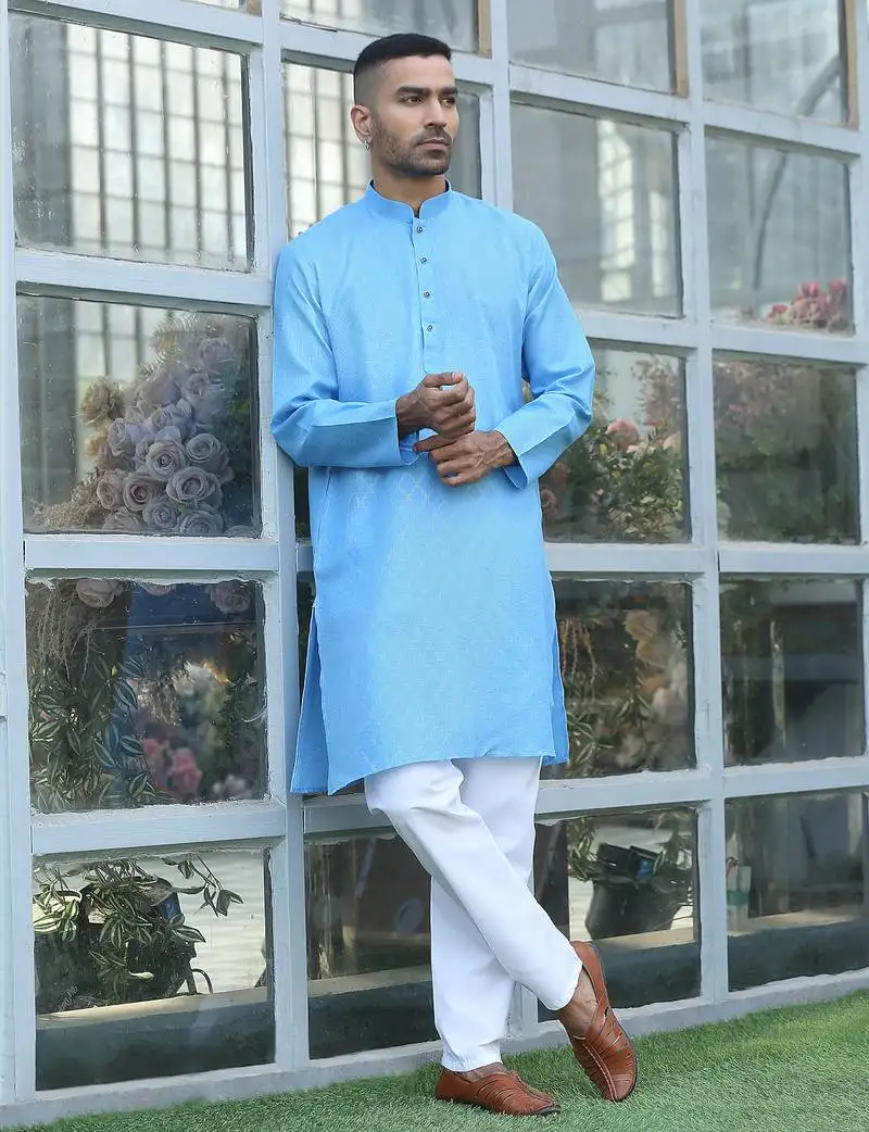 Cotton blend woven self desing sky blue kurta and pyjamas
