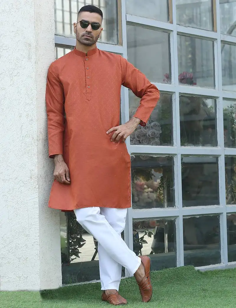 Cotton blend woven self desing rust kurta and pyjamas