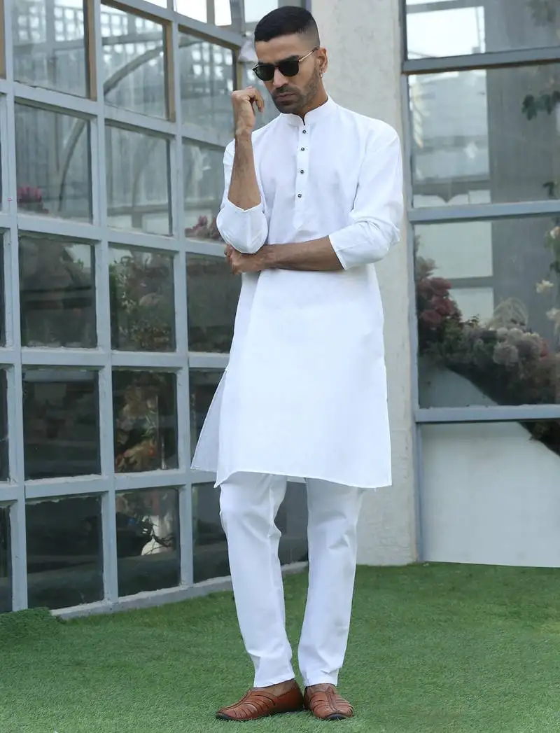 Cotton blend woven self desing white kurta and pyjamas