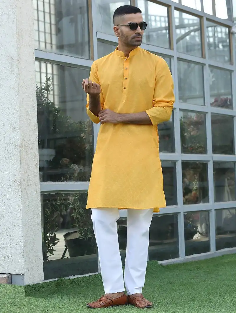 Cotton blend woven self desing yellow kurta and pyjamas