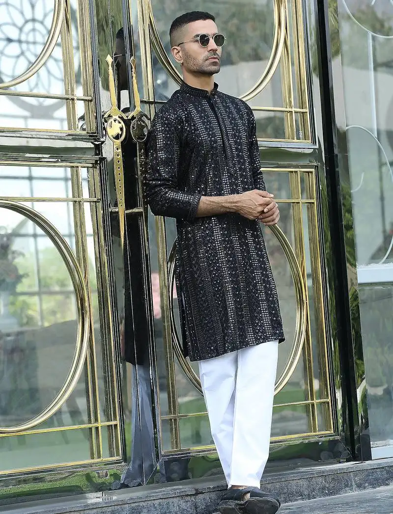 Silk rayon embroidered sequinned black kurta with elasticated pyjamas