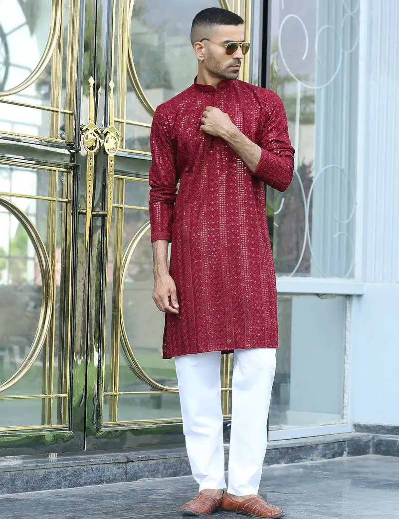Silk rayon embroidered sequinned maroon kurta with elasticated pyjamas