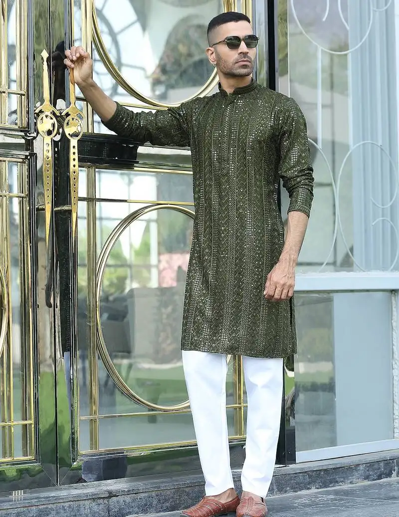 Silk rayon embroidered sequinned olive green kurta with elasticated pyjamas