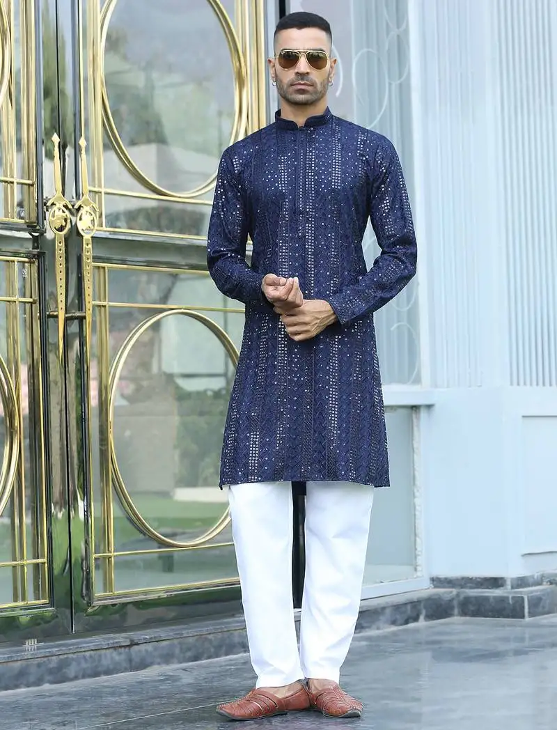 Silk rayon embroidered sequinned navy blue kurta with elasticated pyjamas