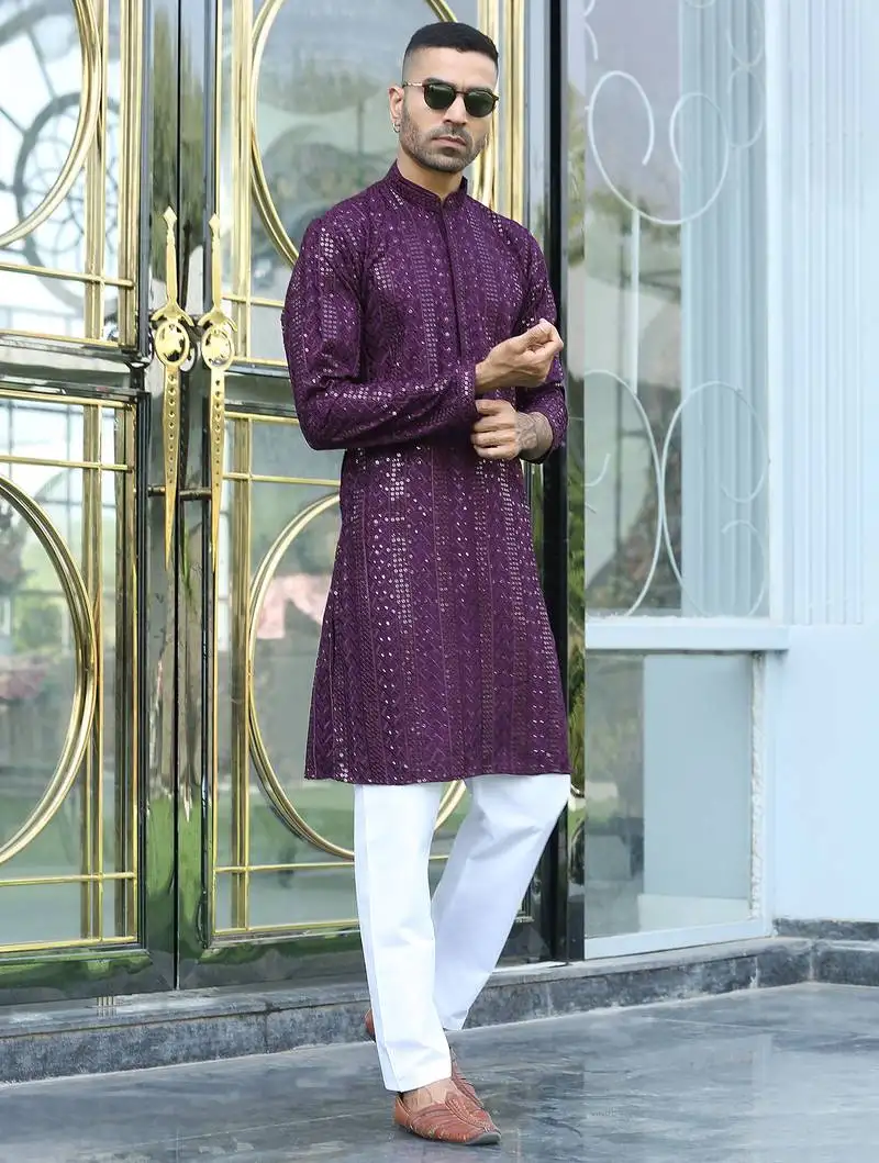 Silk rayon embroidered sequinned purple kurta with elasticated pyjamas