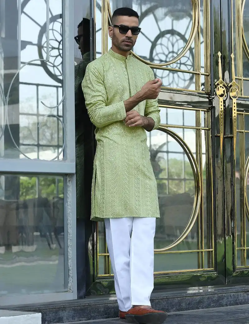 Silk rayon embroidered sequinned green kurta with elasticated pyjamas