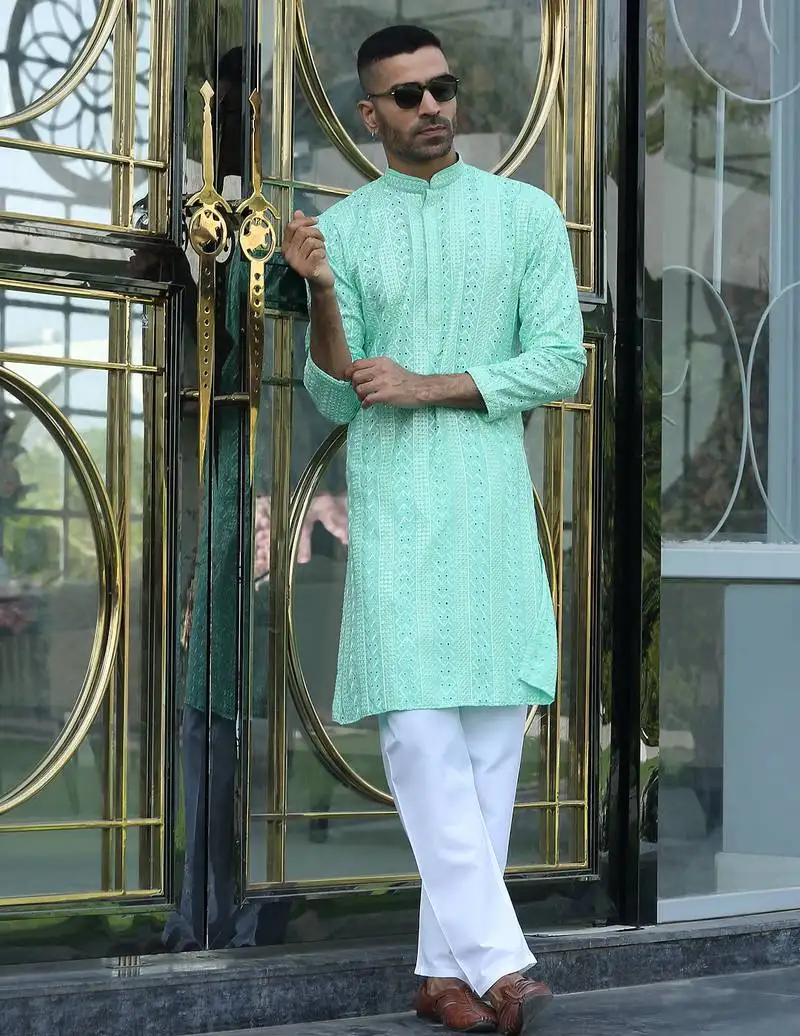 Silk rayon embroidered sequinned sea green kurta with elasticated pyjamas