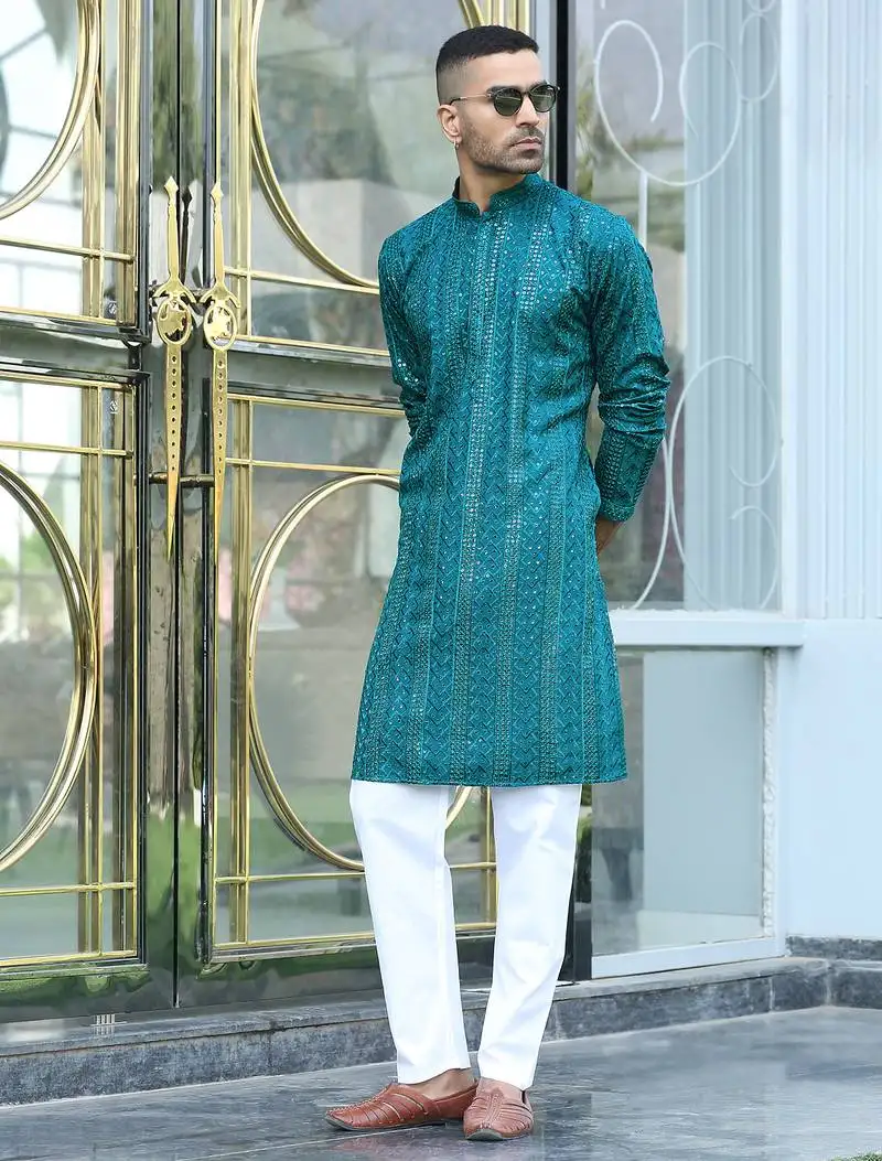 Silk rayon embroidered sequinned emerald blue kurta with elasticated pyjamas