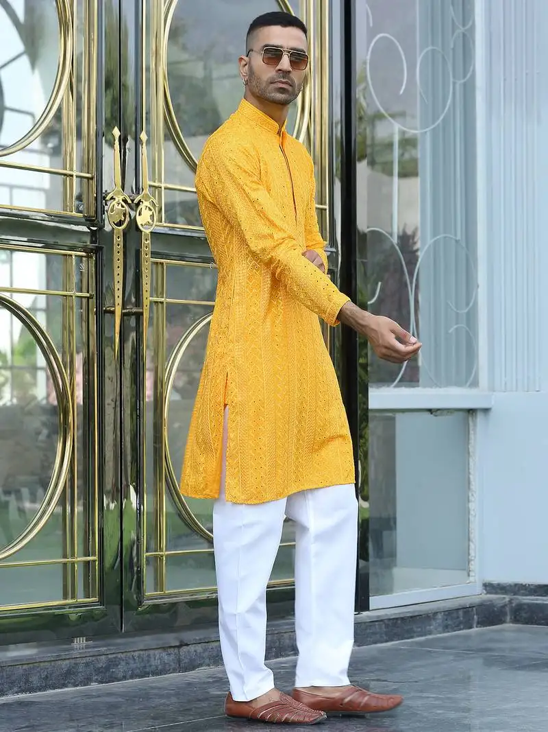 Silk rayon embroidered sequinned yellow kurta with elasticated pyjamas