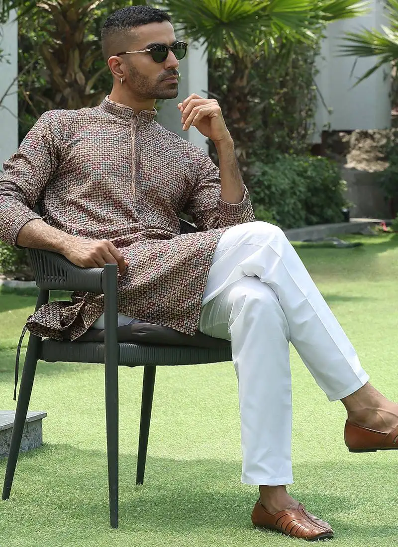 Cotton rayon embroidered sequinned beige kurta with elasticated pyjamas