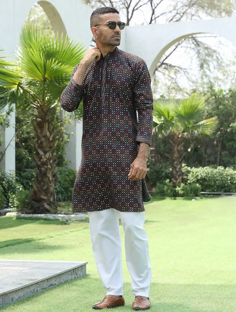 Cotton rayon embroidered sequinned black kurta with elasticated pyjamas