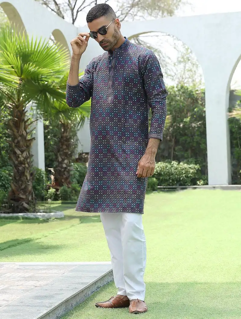 Cotton rayon embroidered sequinned blue kurta with elasticated pyjamas