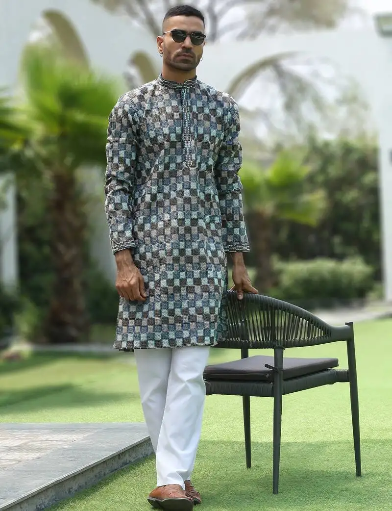 Cotton rayon embroidered chikankari sequinned blue kurta with elasticated pyjamas