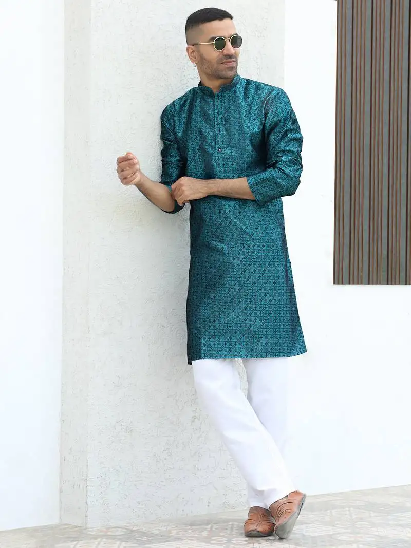 Silk blend jacquard self design blue kurta with elasticated pyjamas