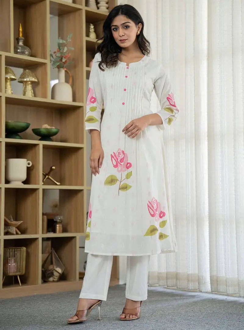 Blush light white printed cotton kurta sets