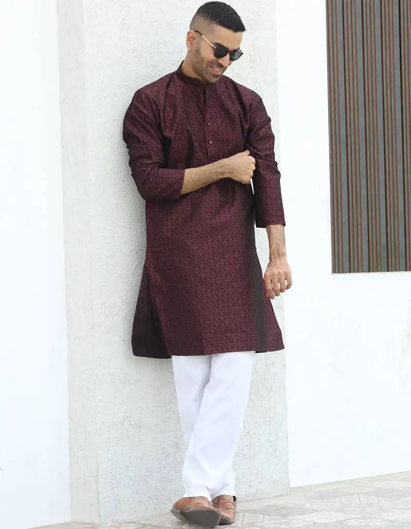 Silk blend jacquard self design wine kurta with elasticated pyjamas