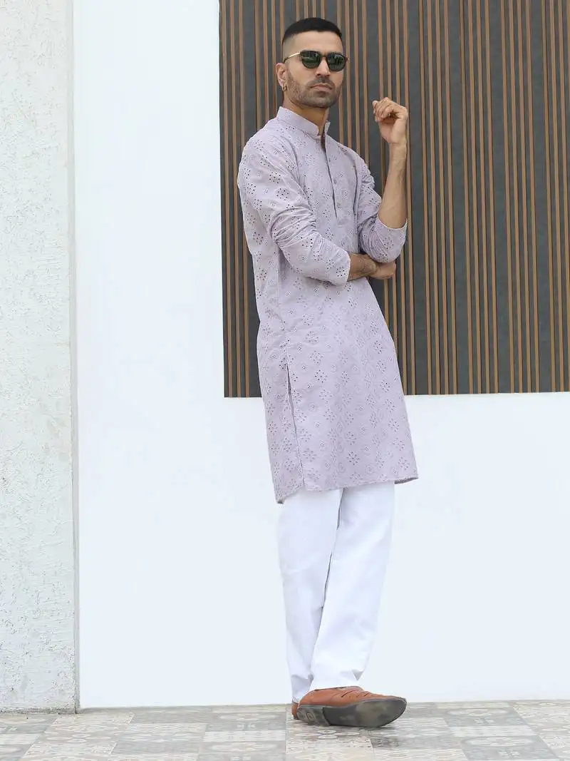 Cotton blend chikankari embroidered mauve kurta with elasticated pyjamas