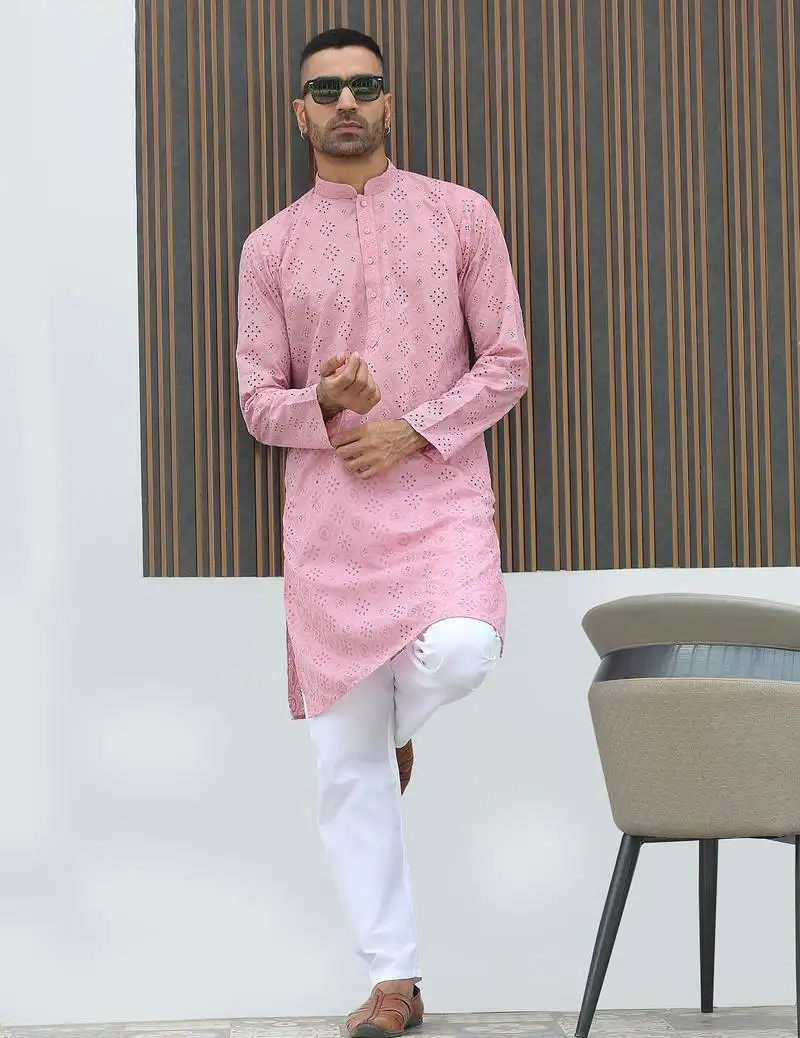 Cotton blend chikankari embroidered pink kurta with elasticated pyjamas