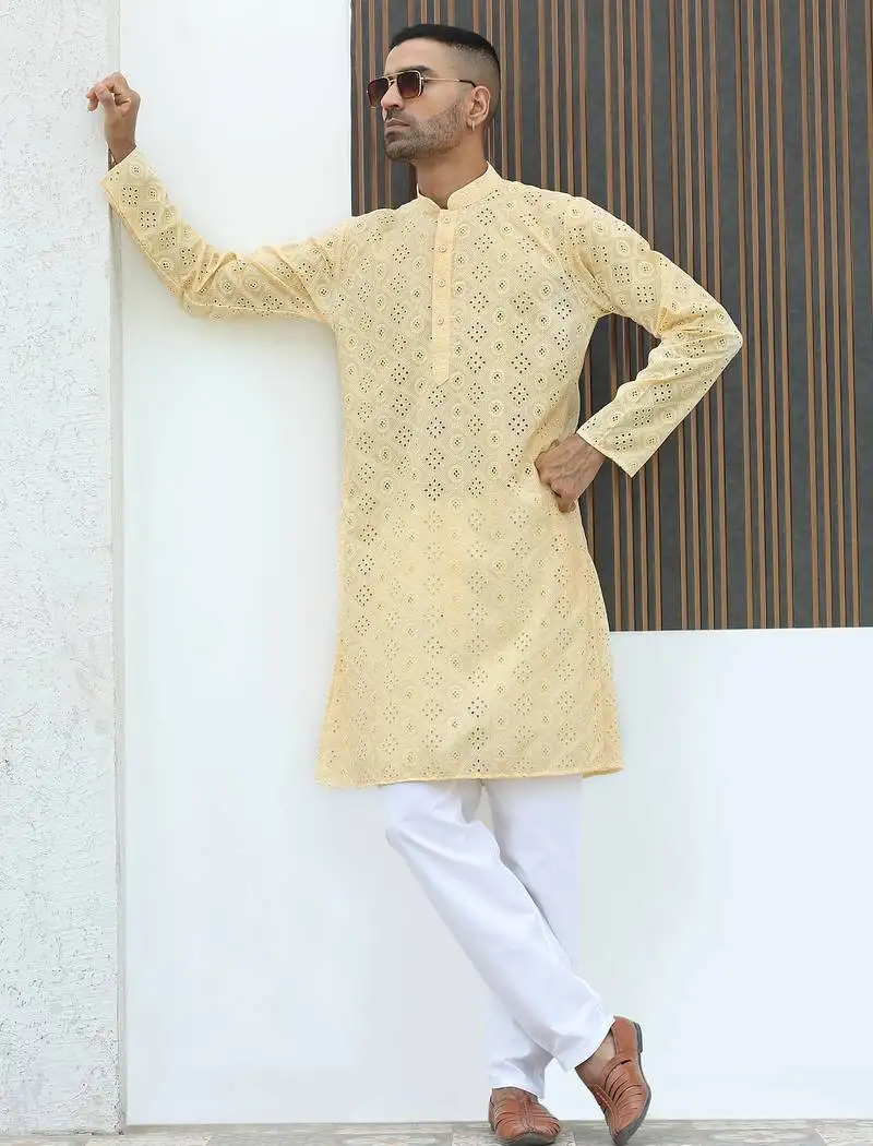 Cotton blend chikankari embroidered yellow kurta with elasticated pyjamas
