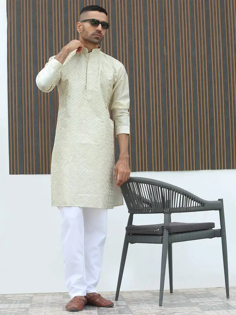 Silk blend embroidered sequinned cream kurta with elasticated pyjamas