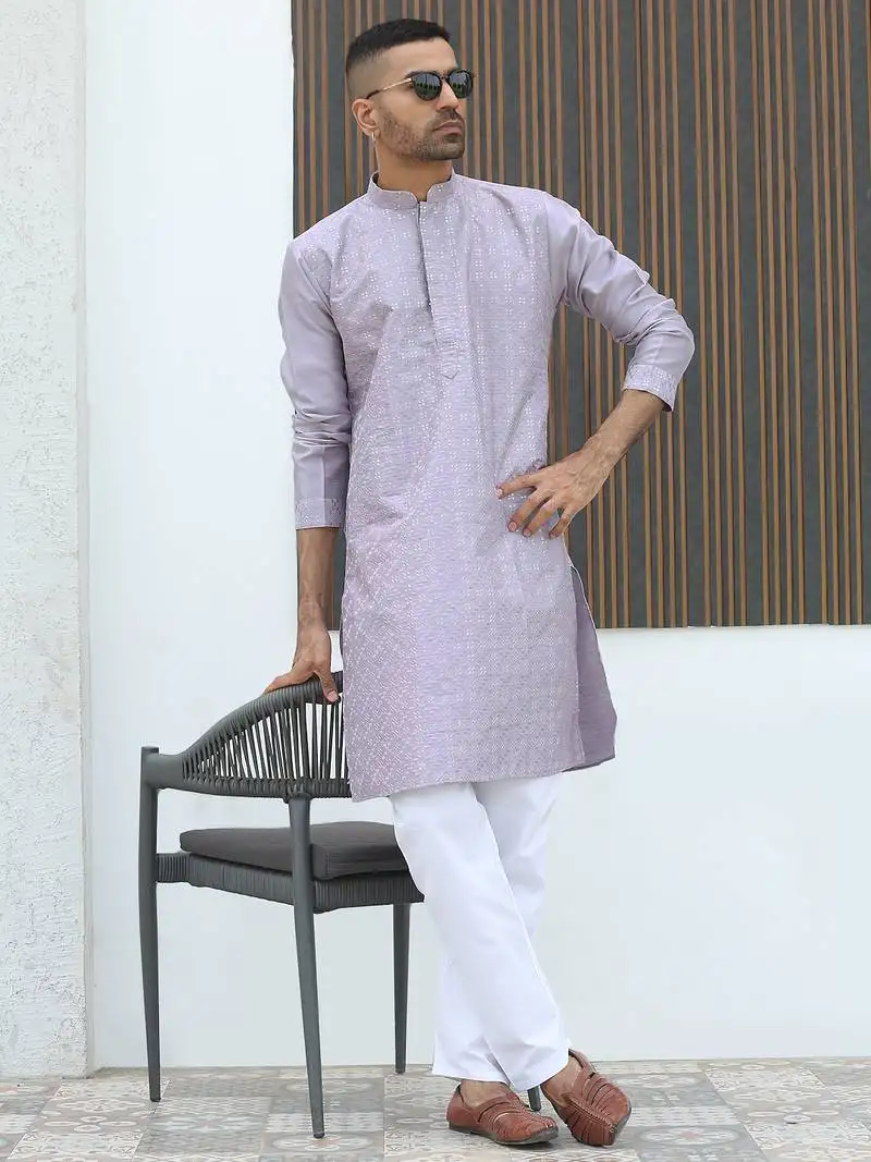 Silk blend embroidered sequinned mauve kurta with elasticated pyjamas